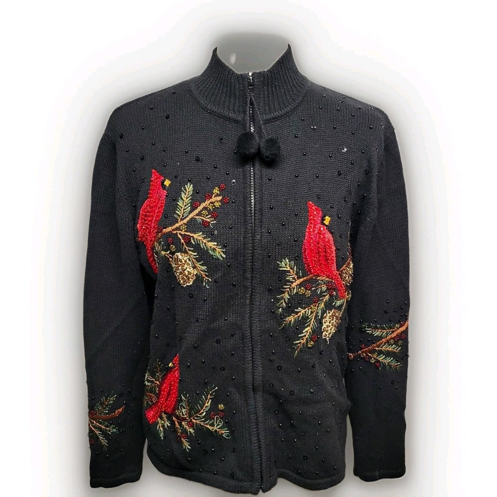 Vintage Womens S Black Cotton Embroidered Cardinal Sweater Tiara Int'l READ